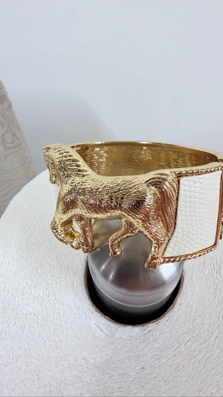 Vintage-Style Gold & Cream Horse Cuff Bracelet | Equestrian Statement Jewelry - Picture 3 of 6